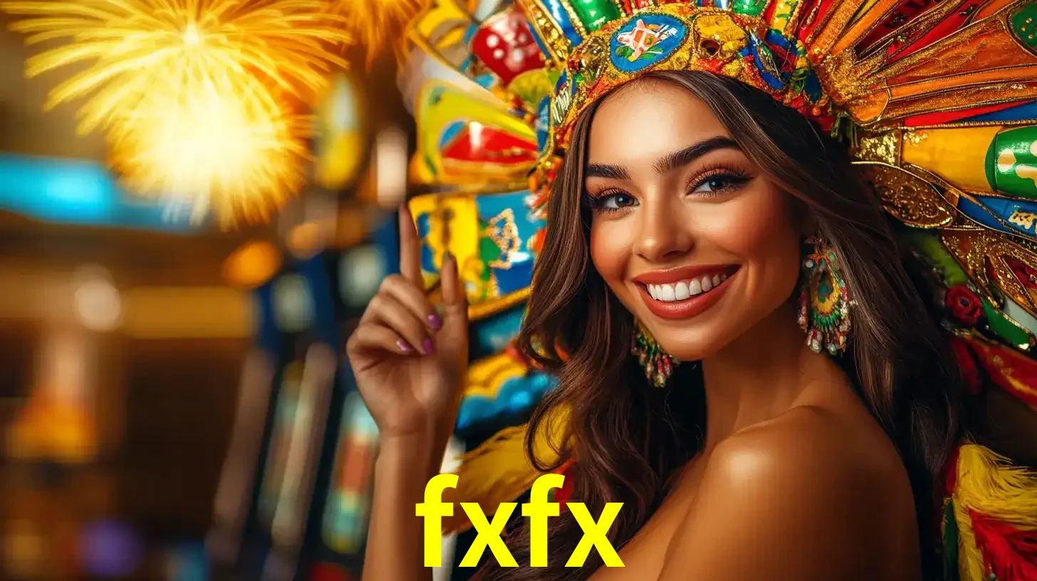 Mulher sorridente com um cocar de carnaval vibrante e colorido, celebrando uma grande vitória nos jogos do cassino fxfx com fogos de artifício ao fundo.