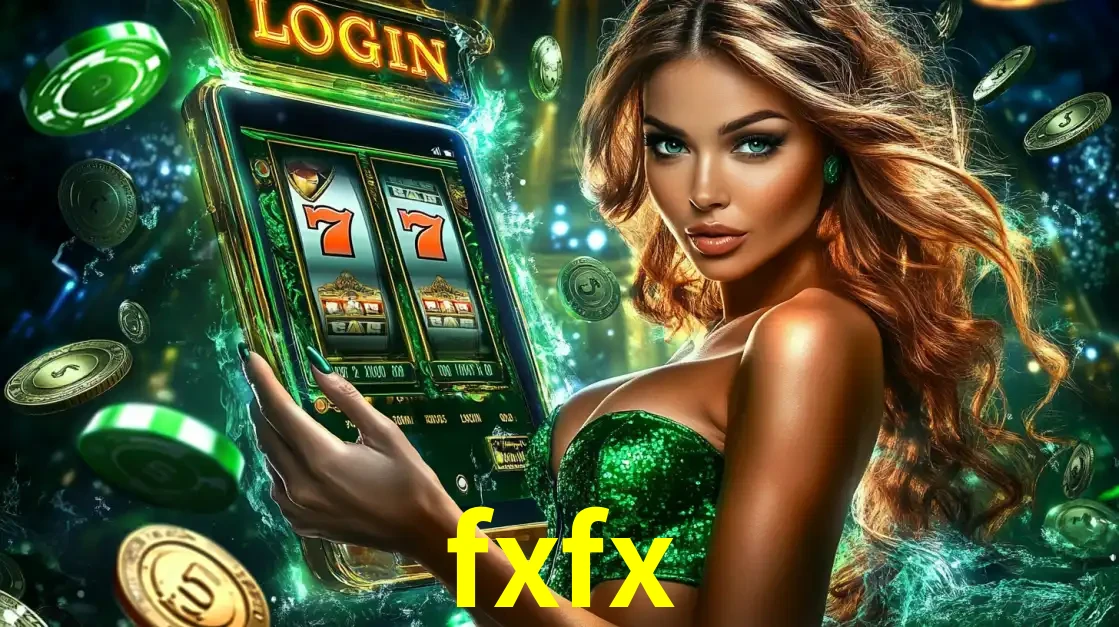 Mulher com tema verde apresentando o aplicativo do cassino fxfx com um jogo de slot de 777, cercada por fichas de cassino e uma aura de sorte.