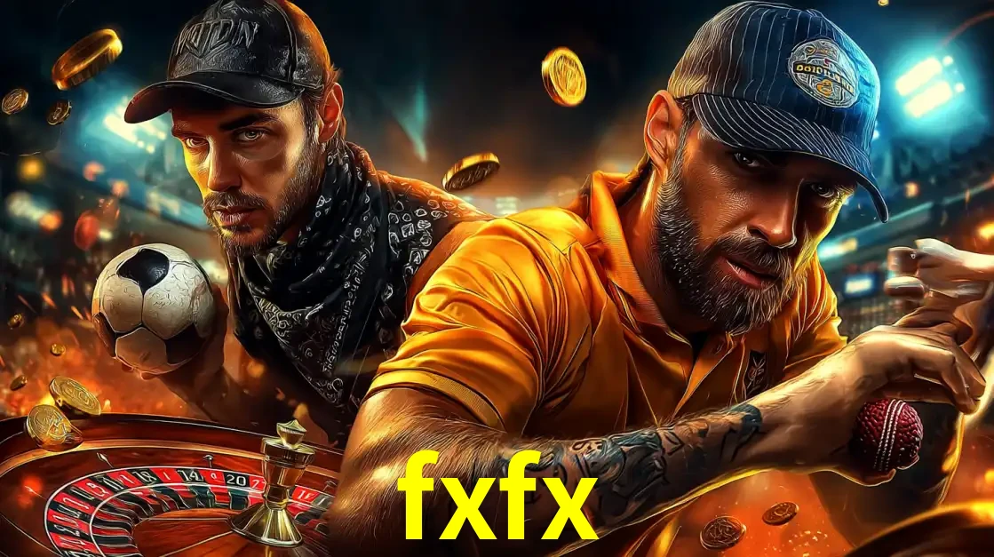 Montagem de apostas esportivas e cassino no fxfx, com um homem segurando uma bola de futebol e outro uma de beisebol sobre uma roleta e moedas voadoras.