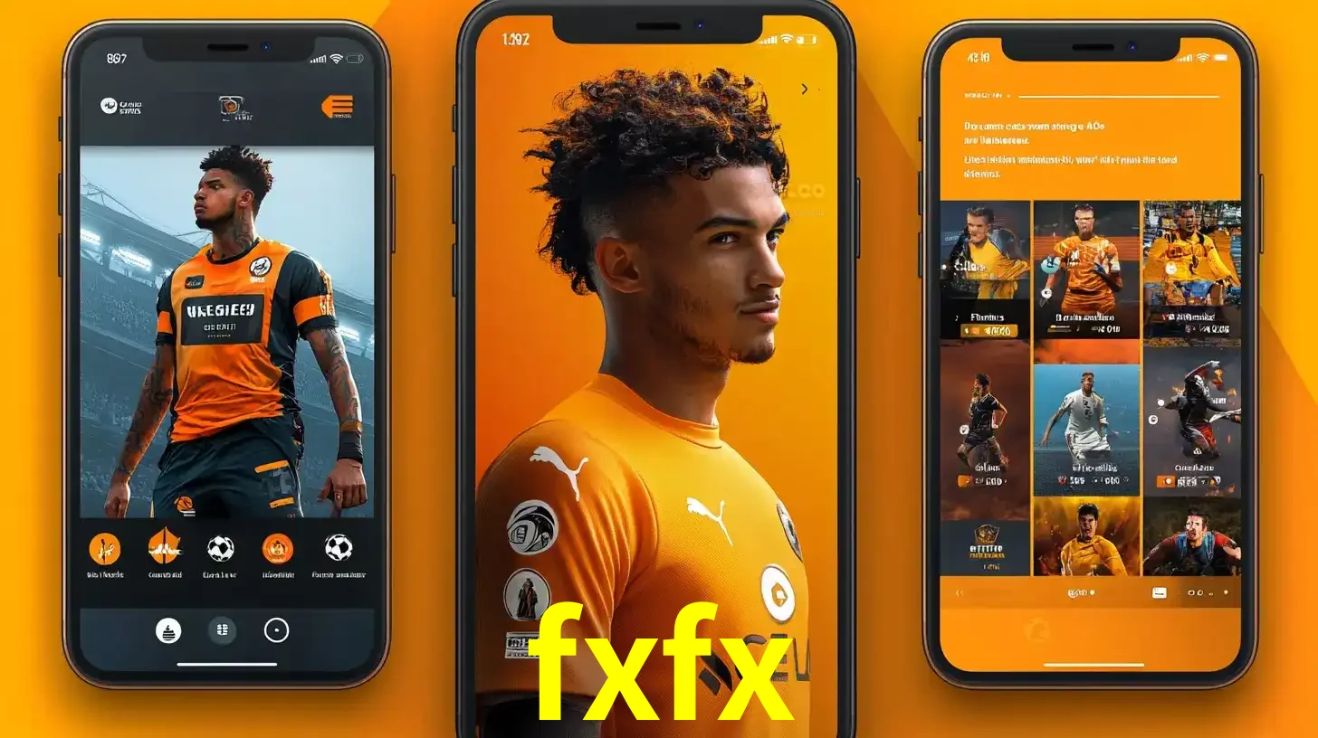Interface do aplicativo de apostas esportivas fxfx em três telas de celular, mostrando o perfil de um jogador de futebol e a lista de jogos disponíveis para apostar.