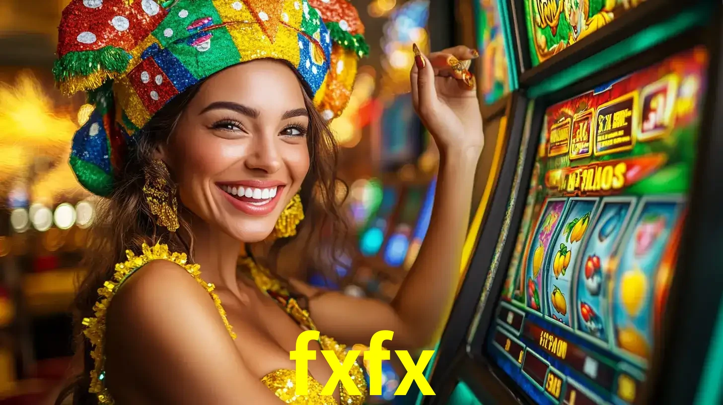 Mulher feliz com traje de carnaval amarelo e colorido ao lado de uma máquina de caça-níqueis, aproveitando a diversão e os jogos temáticos do cassino fxfx.