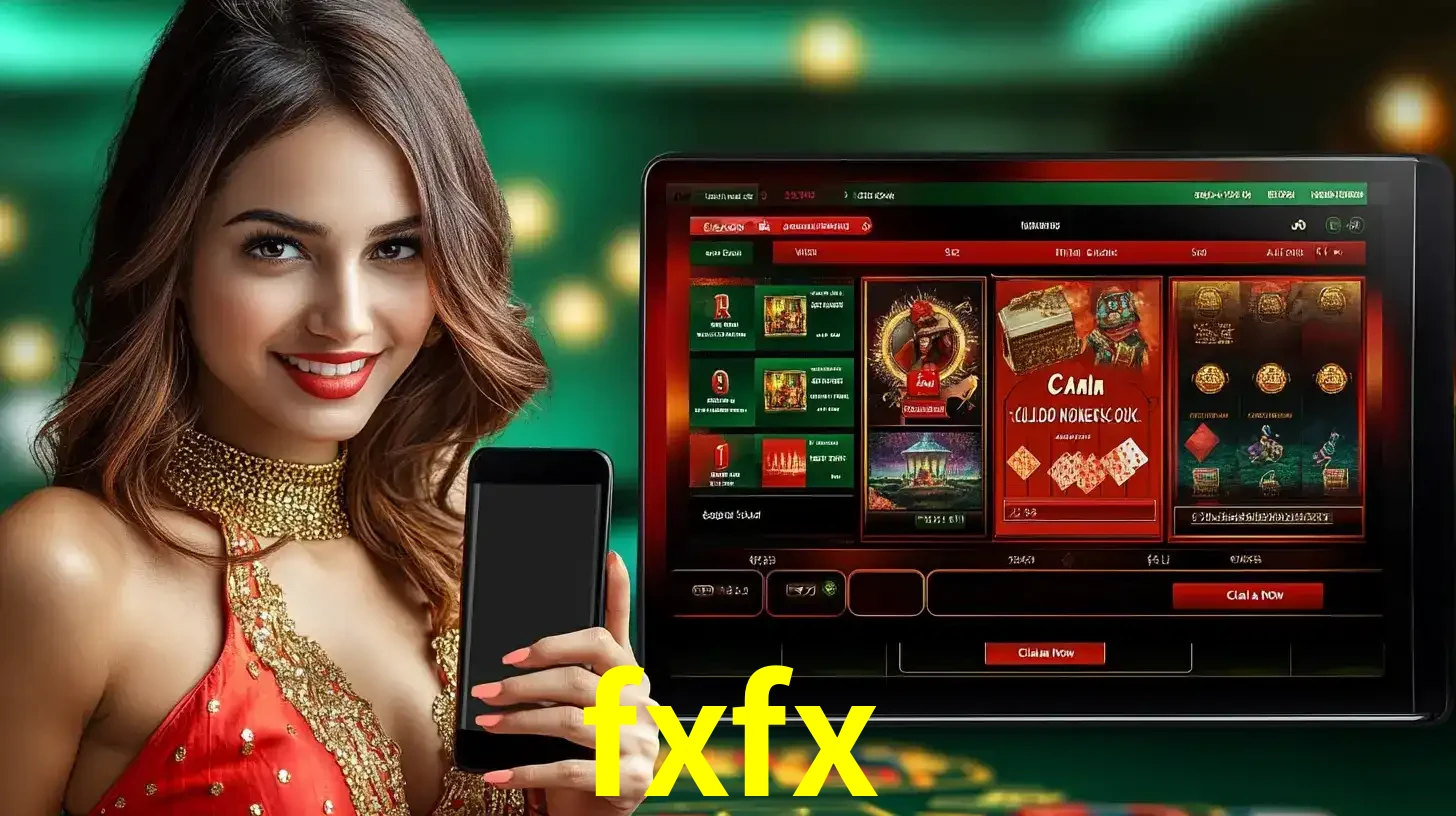 Mulher sorridente segurando um smartphone, ao lado de uma tela exibindo o lobby de jogos do cassino online fxfx, com várias opções de jogos de cartas e slots.